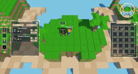 Tienda de un NPC con pociones y armas, junto al inventario