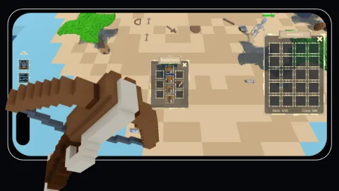 Una ballesta voxel sale de la pantalla de un móvil con Dementes abierto en la isla, con las ventanas de equipo e inventario
