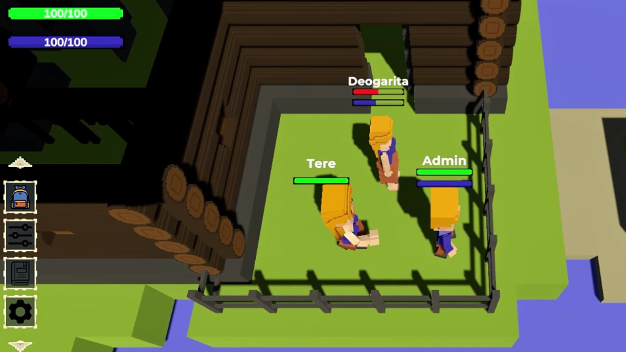 Tres jugadores, Tere, Deogarita y Admin, juntos en un corral de la isla